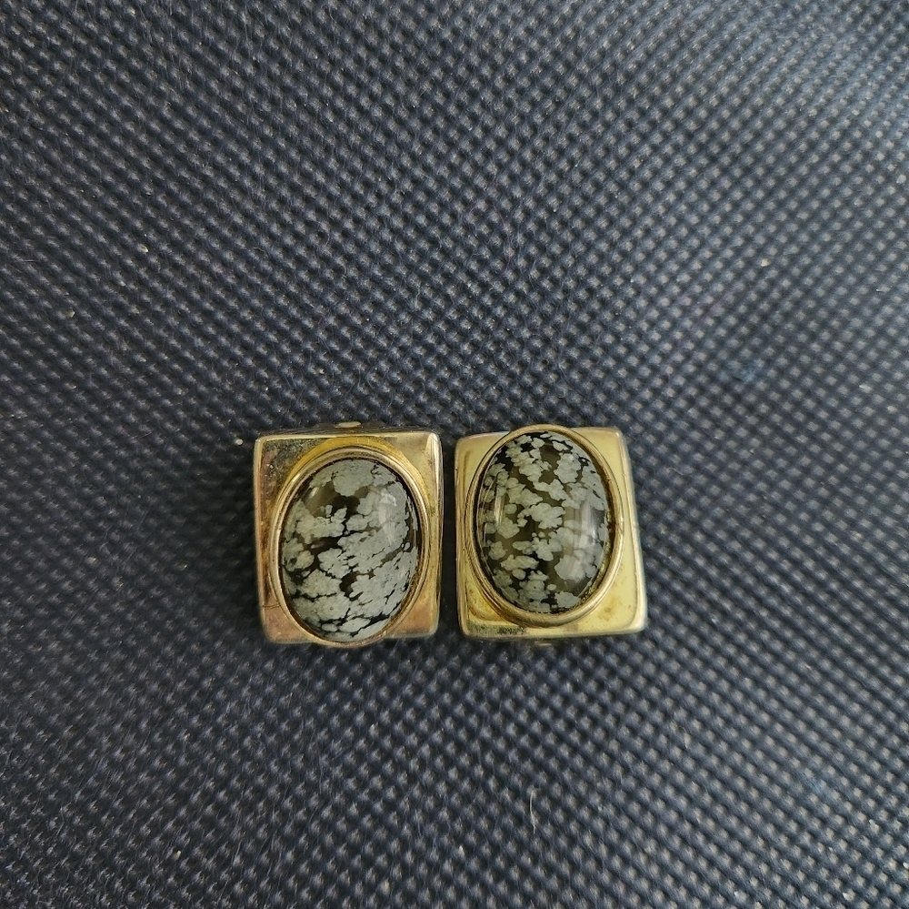 Big 80s Southwestern Speckled Stone Silver Clip ons, Glamour Statement Earrings